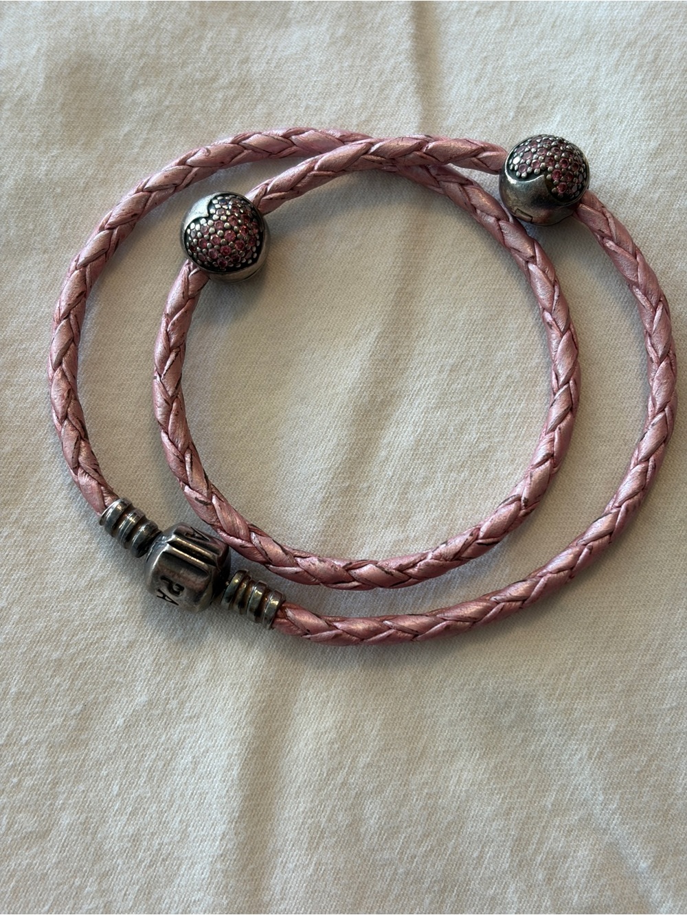 Pandora Light Pink Braided Leather Charm Bracelet with two charms
